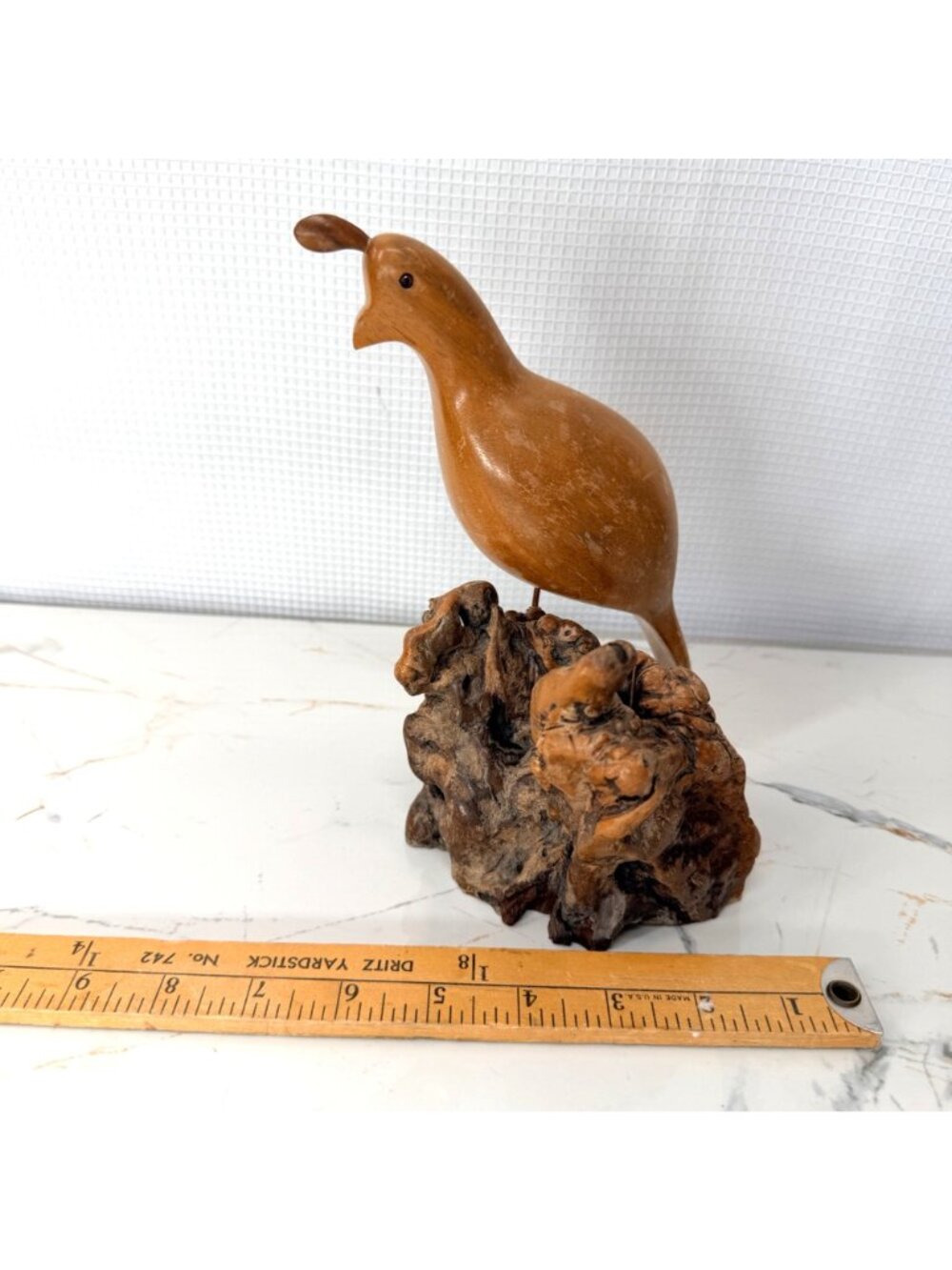 Hand-Carved Wooden Quail Figurine On Natural Burl Wood Base - Rustic Home Décor - Picture 10 of 11